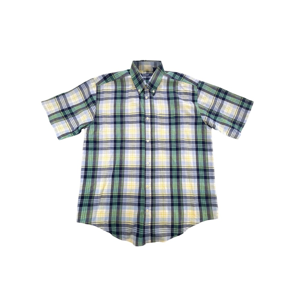 Reservoir Worldwide Mens XL Short Sleeve Button Down Shirt Plaid Cotton Green